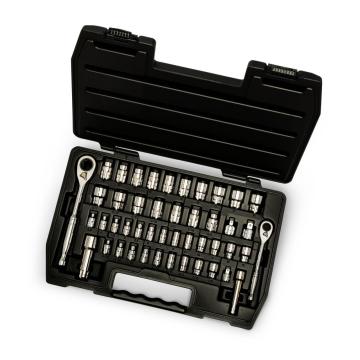 Image of the 46 Piece 1/4" & 3/8" Drive Pass-Thru 6 Point SAE/Metric Tool Set in its case with the lid open on a white background.