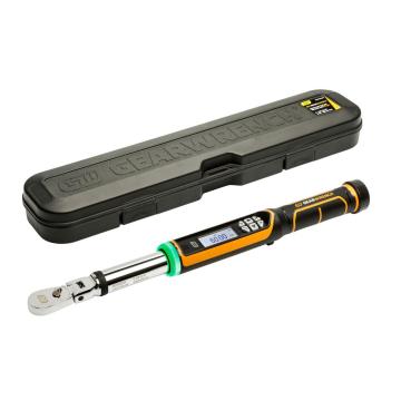 GEARWRENCH digital torque wrench with a black-and-orange handle, control buttons and display reading 60.00, positioned diagonally beside a black carrying case embossed with the brand name.