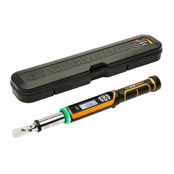 GEARWRENCH digital torque wrench with LCD, control buttons and chrome ratchet head displayed beside its black protective carrying case on a white studio background.