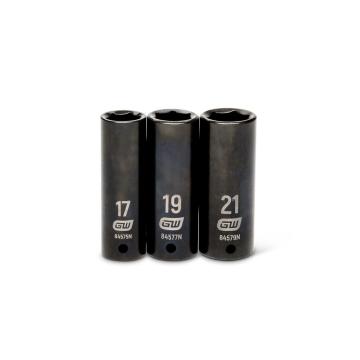 Image of the 3 Piece 1/2" Drive 6 Point Metric Deep Impact Socket Set showing the 17mm, 19mm & 21mm on a white background