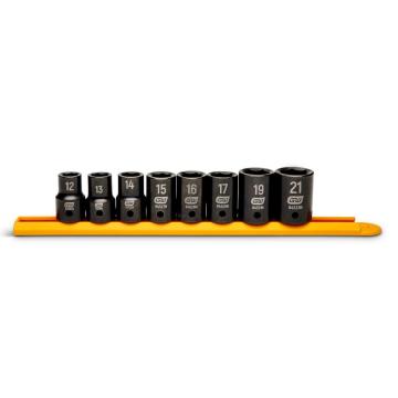 Image of the 8 Piece 1/2" Drive 6 Point Metric Standard Impact Socket Set on a orange socket rail on a white background