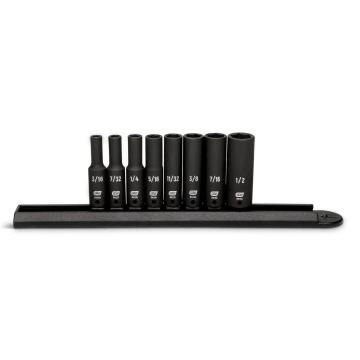 Image of the 8 Piece 1/4" Drive 6 Point SAE Deep Impact Socket Set on a black socket rail