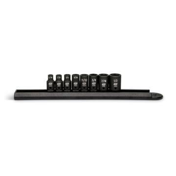 Image of the 8 Piece 1/4" Drive 6 Point SAE Standard Impact Socket Set on a black socket rail
