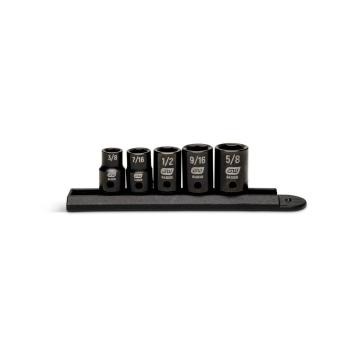 Image of the 5 Piece 3/8" Drive 6 Point SAE Standard Impact Socket Set on a black socket rail