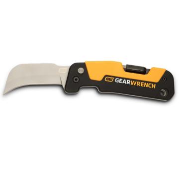 Image of the GEARWRENCH folding hawkbill knife with the blade towards the left side of the image and the orange and black handle towards the right side