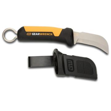 Image of the orange and black Fixed Blade Hawkbill Knife, Blunt Tip and Molded Sheath on a white background