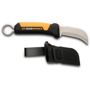 Image of the orange and black Fixed Blade Hawkbill Knife, Sharp Tip and Molded Sheath on a white background