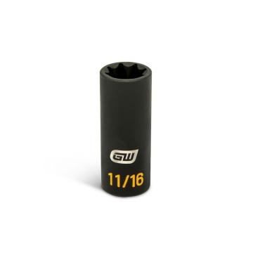GWLS1116H black 1/2 drive lineman 11/16 8-point double square deep impact socket, upright with open end and yellow 11/16 size marking visible.