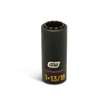 GEARWRENCH 1/2 drive lineman 13/16 double square deep impact socket standing upright with size and brand markings visible.
