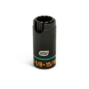 GEARWRENCH 1/2 in. drive 3-in-1 lineman 15/16 in. x 1-1/8 in. 12-point slotted deep impact socket with brand and size markings.