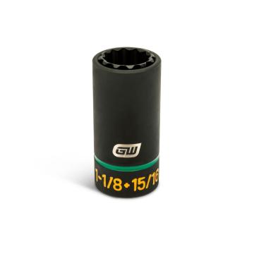 GEARWRENCH 15/16 x 1-1/8 lineman 2-in-1 12 point impact socket standing upright with brand and size markings visible.