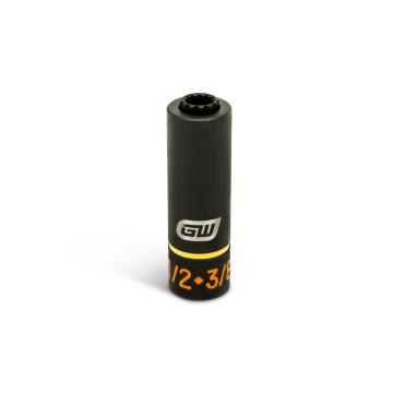 GEARWRENCH 3/8 x 1/2 lineman 2-in-1 12 point impact socket standing upright with yellow band, brand, and size markings.