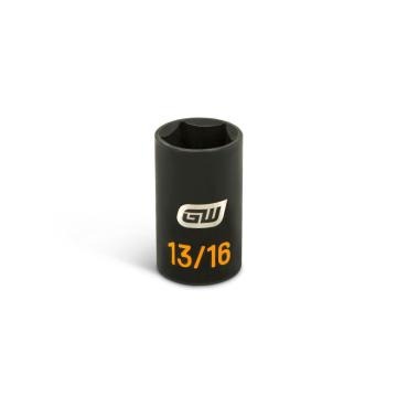 GWLS1316P black 13/16 penta deep impact socket standing upright, open end up, with GEARWRENCH logo and orange 13/16 size marking on white background.
