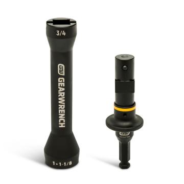 GWLS51D 5-in-1 deep impact flip socket set standing upright: long black socket with GEARWRENCH text and shorter adapter with orange ring.