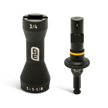 GWLS51S stubby impact flip socket set standing upright, with black socket marked 3/4 and 1-1/8 beside shorter adapter with yellow ring.