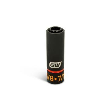 GEARWRENCH 5/8 x 7/16 lineman 2-in-1 12 point impact socket standing upright with brand and orange size markings visible.