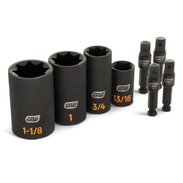 GWLS8PX4: Eight black 8-point deep impact sockets and adapters arranged in a row, with large orange size markings including 1-1/8, 1, 3/4, and 15/16.