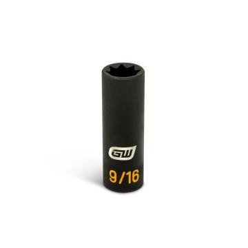 GWLS916H black 1/2 drive lineman 9/16 8-point double square deep impact socket, upright with open end and yellow 9/16 size marking.
