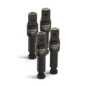 GWLSAD232PX4 four-piece lineman impact adapter set, with four black hex adapters standing upright, each showing a pin hole and white side marking.