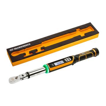 3/8" Drive 90T Electronic Flex Head Torque Wrench with Angle on a white background next to it's foam storage tray.