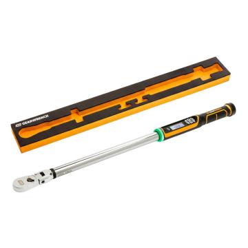1/2" Drive 90T Electronic Flex Head Torque Wrench with Angle on a white background next to it's foam storage tray.