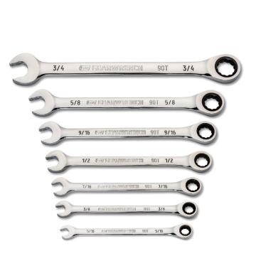 Image of the 7 Piece 90-Tooth 12 Point SAE Ratcheting Combination Wrench Set on a white background