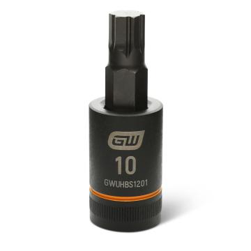 Image of the GEARWRENCH GWUHBS1201 black hex bit socket with the size and part number indicated on the front on a white background