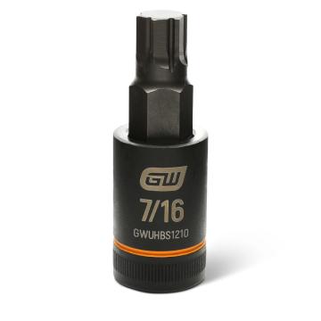 Image of the GEARWRENCH GWUHBS1210 black hex bit socket with the size and part number indicated on the front on a white background