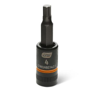 Image of the GEARWRENCH GWUHBS1401 black hex bit socket with the size and part number indicated on the front on a white background