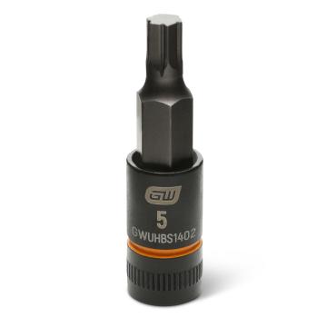 Image of the GEARWRENCH GWUHBS1402 black hex bit socket with the size and part number indicated on the front on a white background