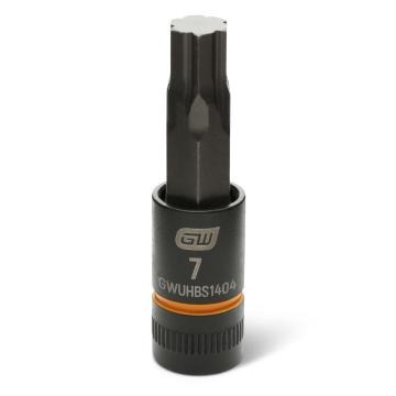 Image of the GEARWRENCH GWUHBS1404 black hex bit socket with the size and part number indicated on the front on a white background