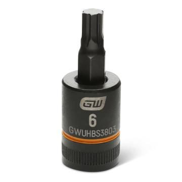 Image of the GEARWRENCH GWUHBS3803 black hex bit socket with the size and part number indicated on the front on a white background