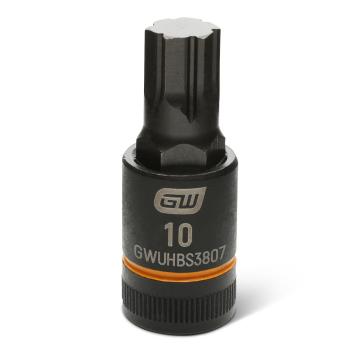 Image of the GEARWRENCH GWUHBS3807 black hex bit socket with the size and part number indicated on the front on a white background