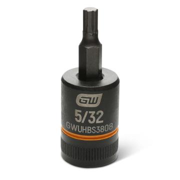 Image of the GEARWRENCH GWUHBS3808 black hex bit socket with the size and part number indicated on the front on a white background