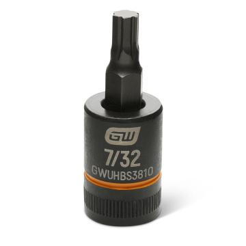 Image of the GEARWRENCH GWUHBS3810 black hex bit socket with the size and part number indicated on the front on a white background