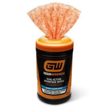 GEARWRENCH heavy-duty scrubbing wipes container with a wipe partially pulled out of the top on a white background
