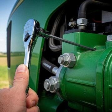 Male farmer using GEARWRENCH 90T ratchet to tighten a bolt on a green tractor