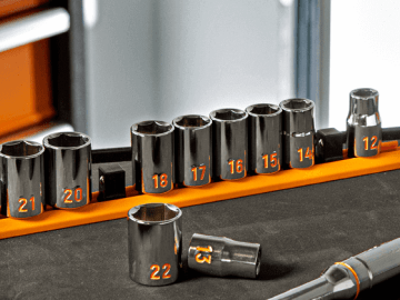 GEARWRENCH hi-viz chrome socket set sitting on top of a tool cart