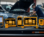 GEARWRENCH SMART Diagnostic tools with a mechanic working on a vehicle in the background
