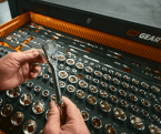 Person's hands putting a socket on a GEARWRENCH 90T ratchet above a chrome socket modular set in GEARWRENCH cabinet